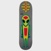 A skateboard deck featuring a gray background with a colorful alien graphic in green, yellow, and red, and a matching green and yellow symbol near the top.