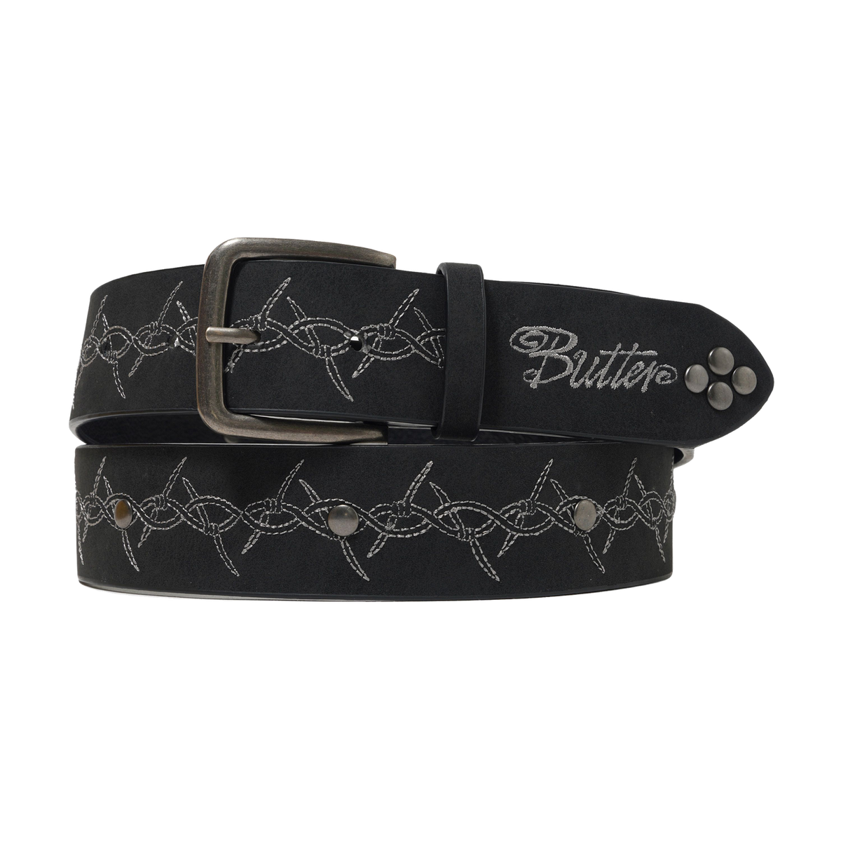 Black belt with decorative stitching and 'Butter' branding on a white background