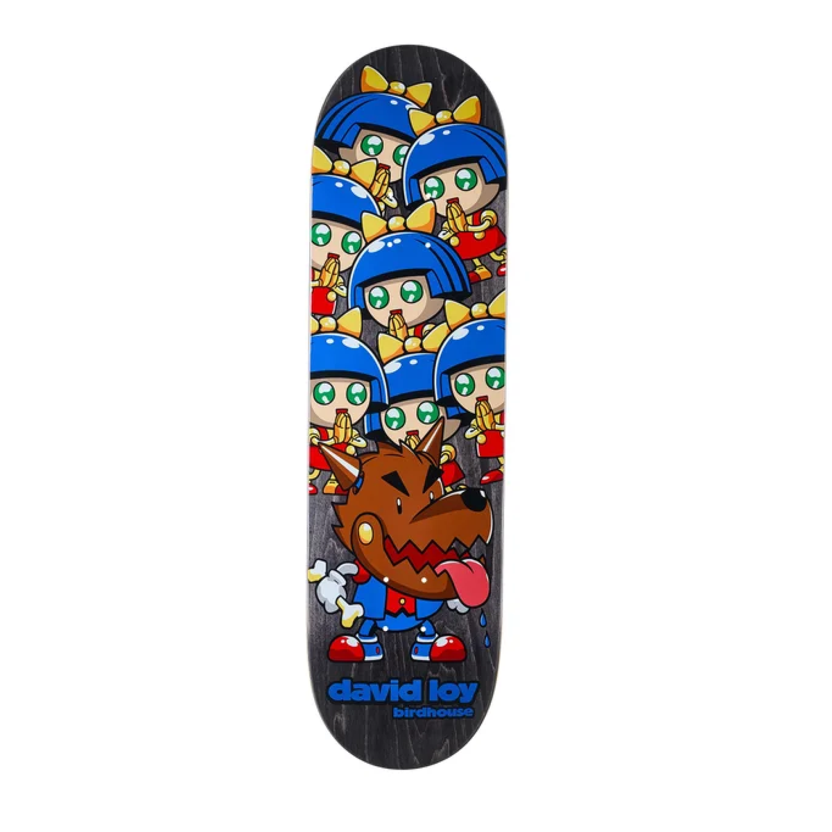 Skateboard deck with cartoon character design and 'David Joy' branding.