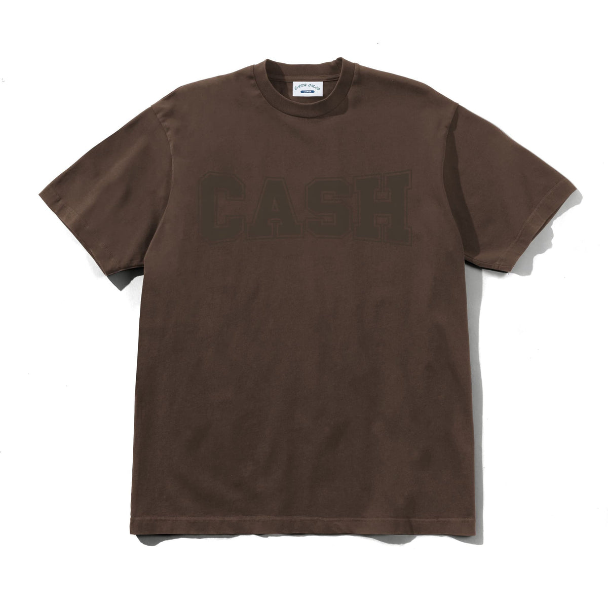 Brown t-shirt with 'CASH' print on a white background