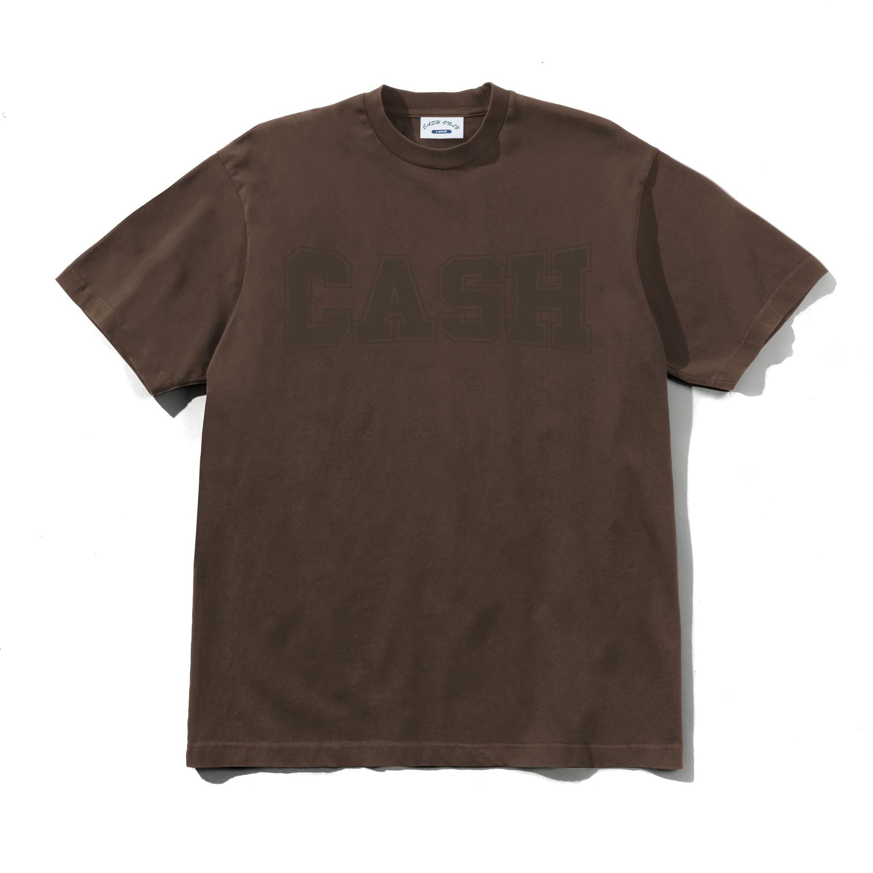 Brown t-shirt with 'CASH' print on a white background