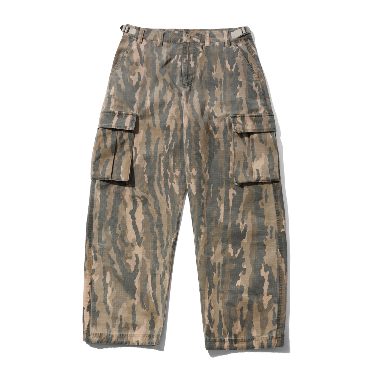 A pair of cargo pants featuring a vertical camouflage pattern in shades of brown, beige, and gray, laid flat against a white background.