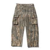 A pair of cargo pants featuring a vertical camouflage pattern in shades of brown, beige, and gray, laid flat against a white background.