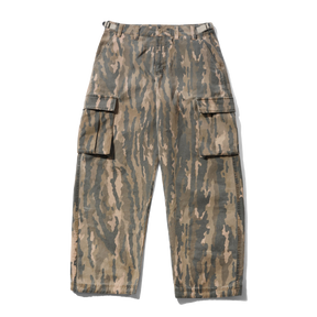 A pair of cargo pants featuring a vertical camouflage pattern in shades of brown, beige, and gray, laid flat against a white background.