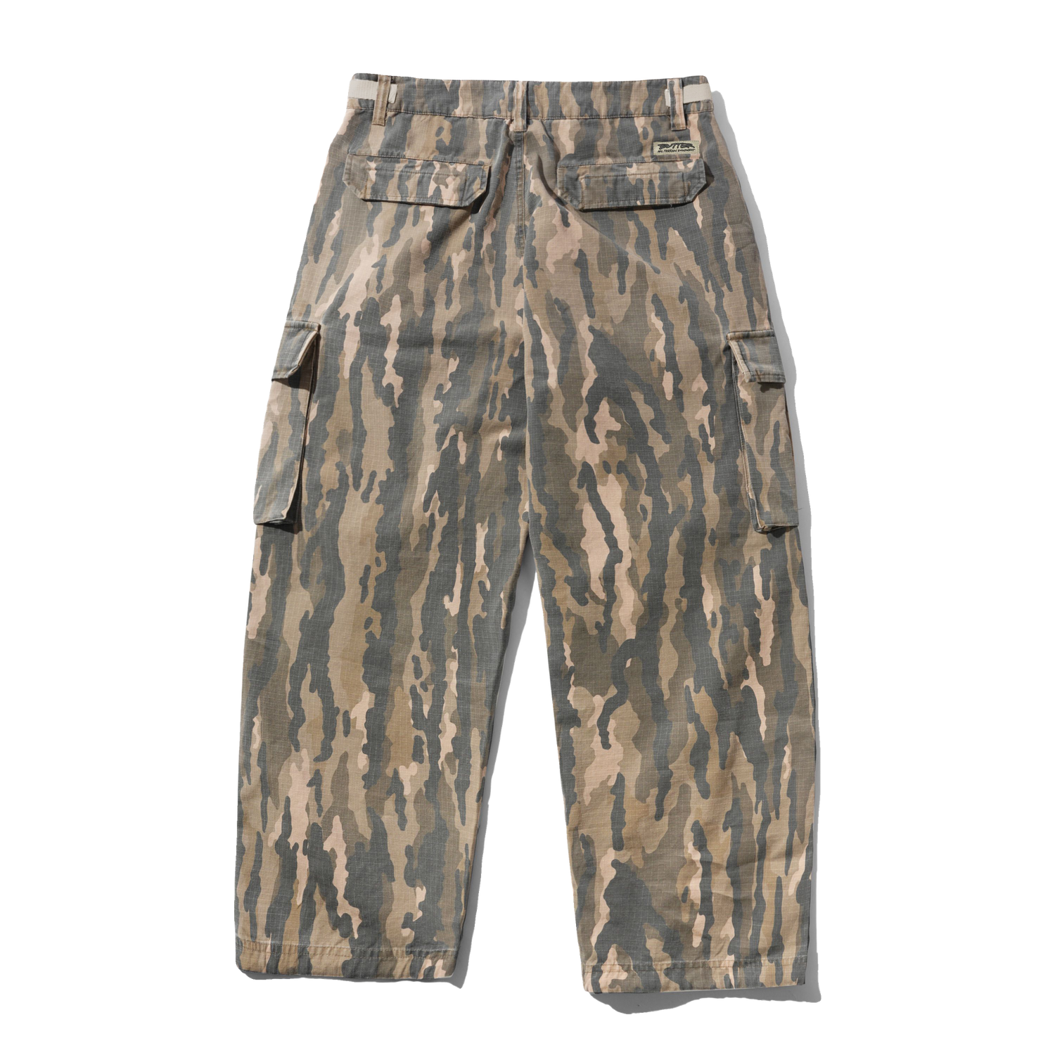 A pair of cargo pants featuring a camouflage pattern in shades of brown, beige, and gray, shown flat against a white background.