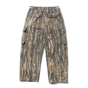 A pair of cargo pants featuring a camouflage pattern in shades of brown, beige, and gray, shown flat against a white background.