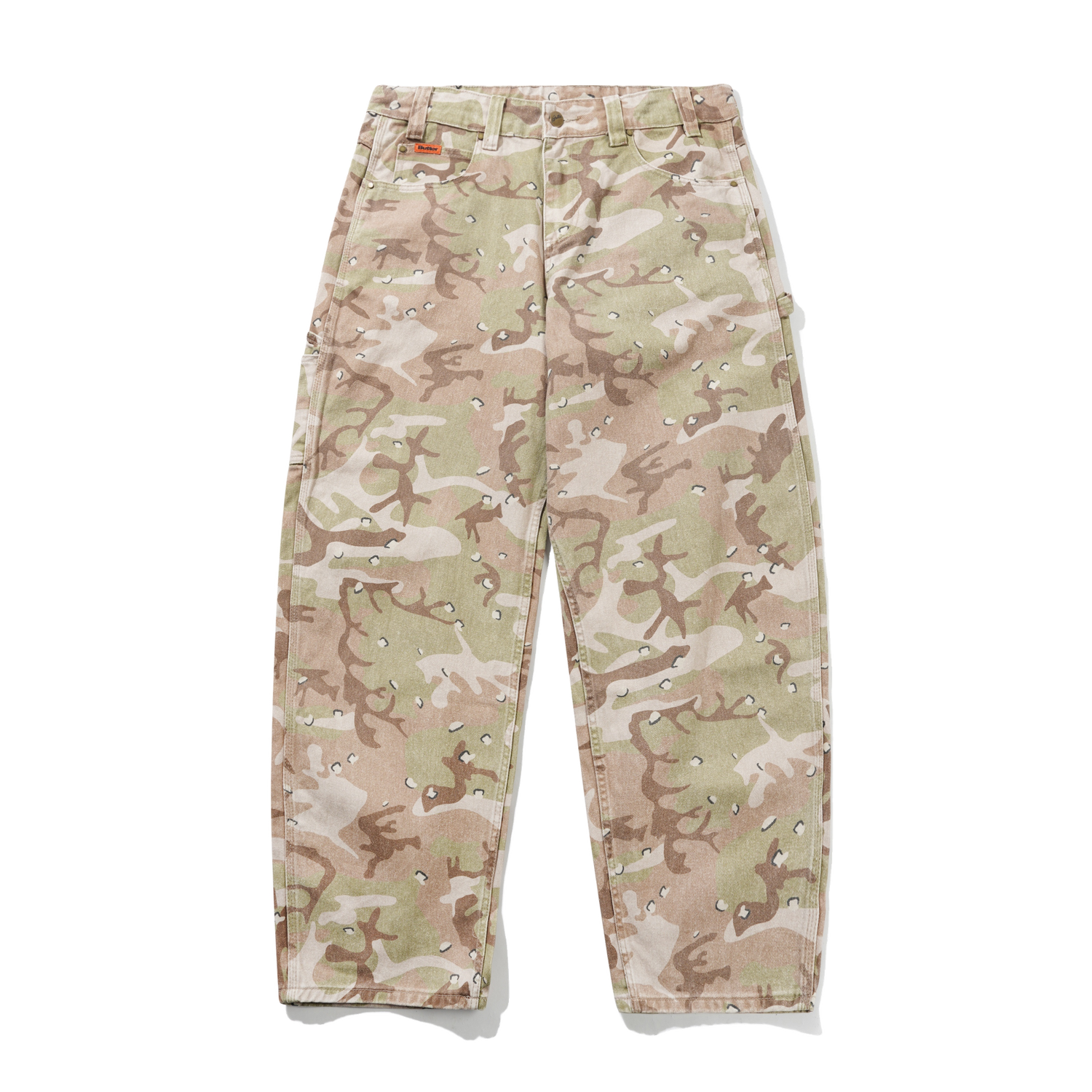 A pair of cargo pants featuring a multi-terrain camouflage pattern in shades of beige, tan, and olive green, laid flat against a white background.