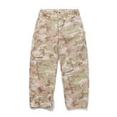 A pair of cargo pants featuring a multi-terrain camouflage pattern in shades of beige, tan, and olive green, laid flat against a white background.