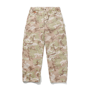A pair of cargo pants featuring a multi-terrain camouflage pattern in shades of beige, tan, and olive green, laid flat against a white background.