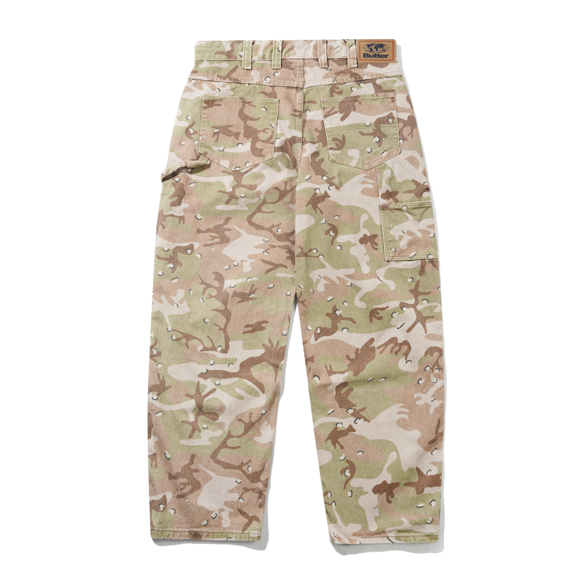 A pair of cargo pants in a desert camouflage pattern, featuring a tan waistband patch with a visible 'SOL'S' brand logo, photographed flat against a white background.