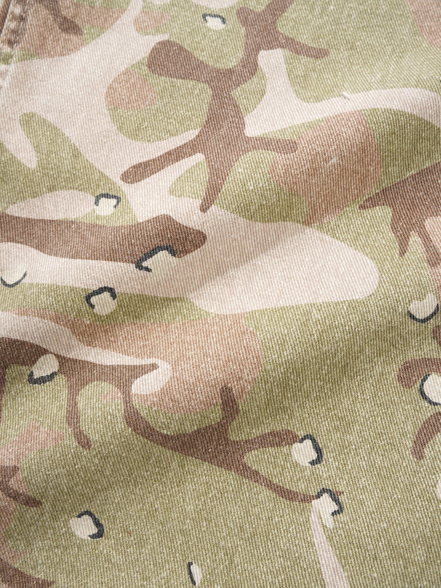 A close-up of camouflage-patterned fabric with irregular patches of muted olive green, tan, beige, and brown, plus a few small dark accents.