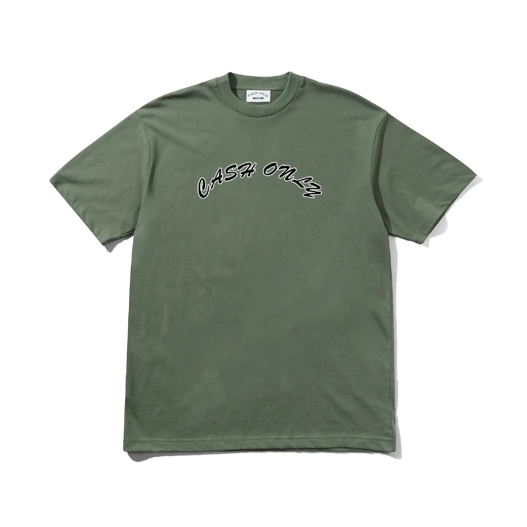 Green t-shirt with 'CASH ON' text on a white background