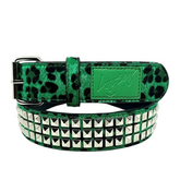 Green studded dog collar with a visible brand logo on a white background
