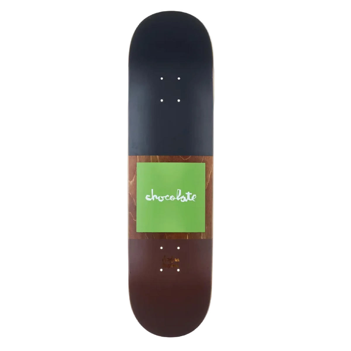 Skateboard deck with a green label and brown border on a white background