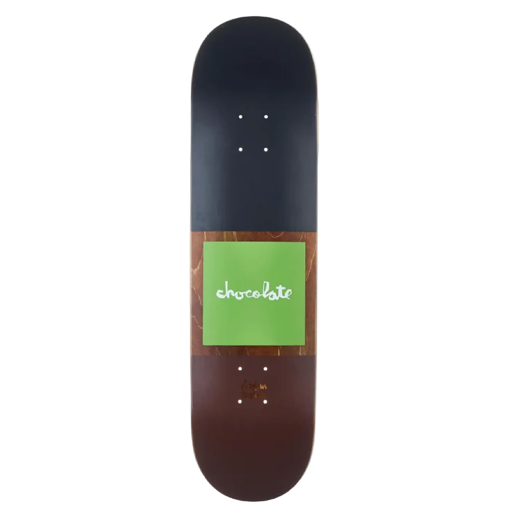 Skateboard deck with a green label and brown border on a white background