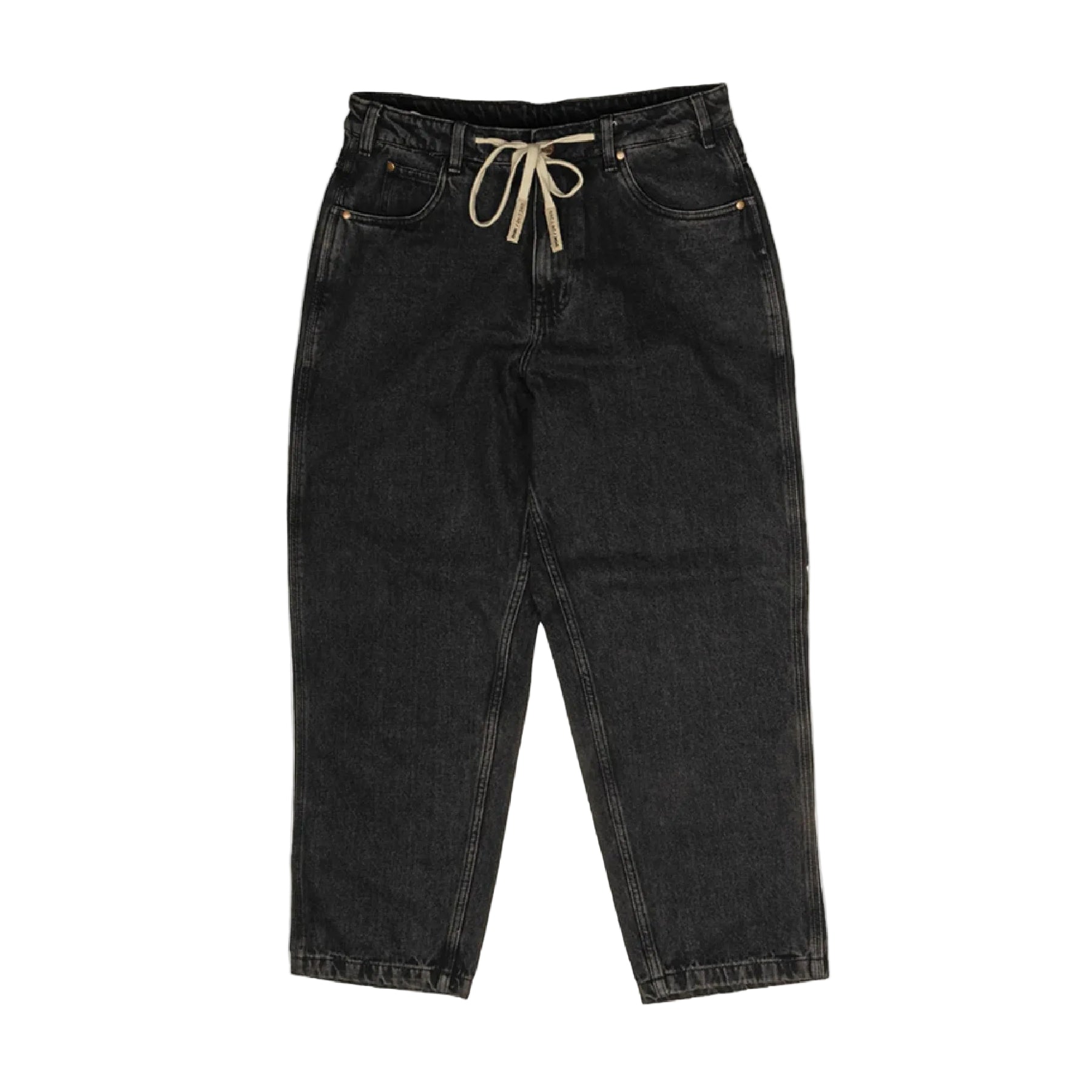 Black washed denim pants with a beige drawstring waist, displayed flat against a white background.