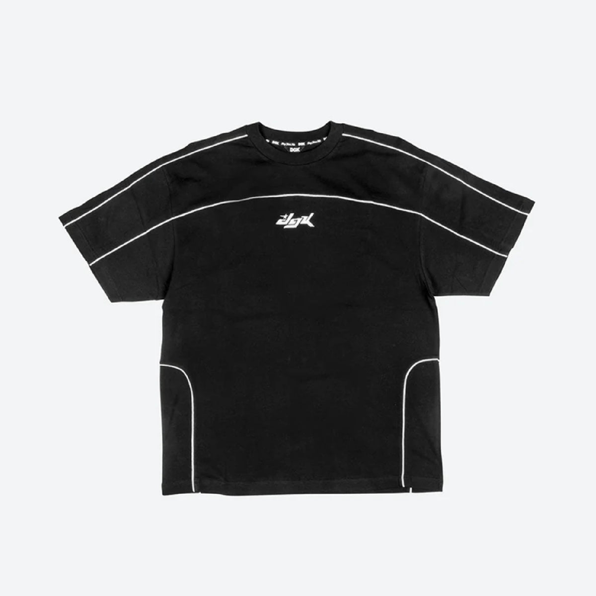 A black short-sleeve t-shirt with white contrast piping details and a white script logo on the chest, displayed flat against a light gray background.
