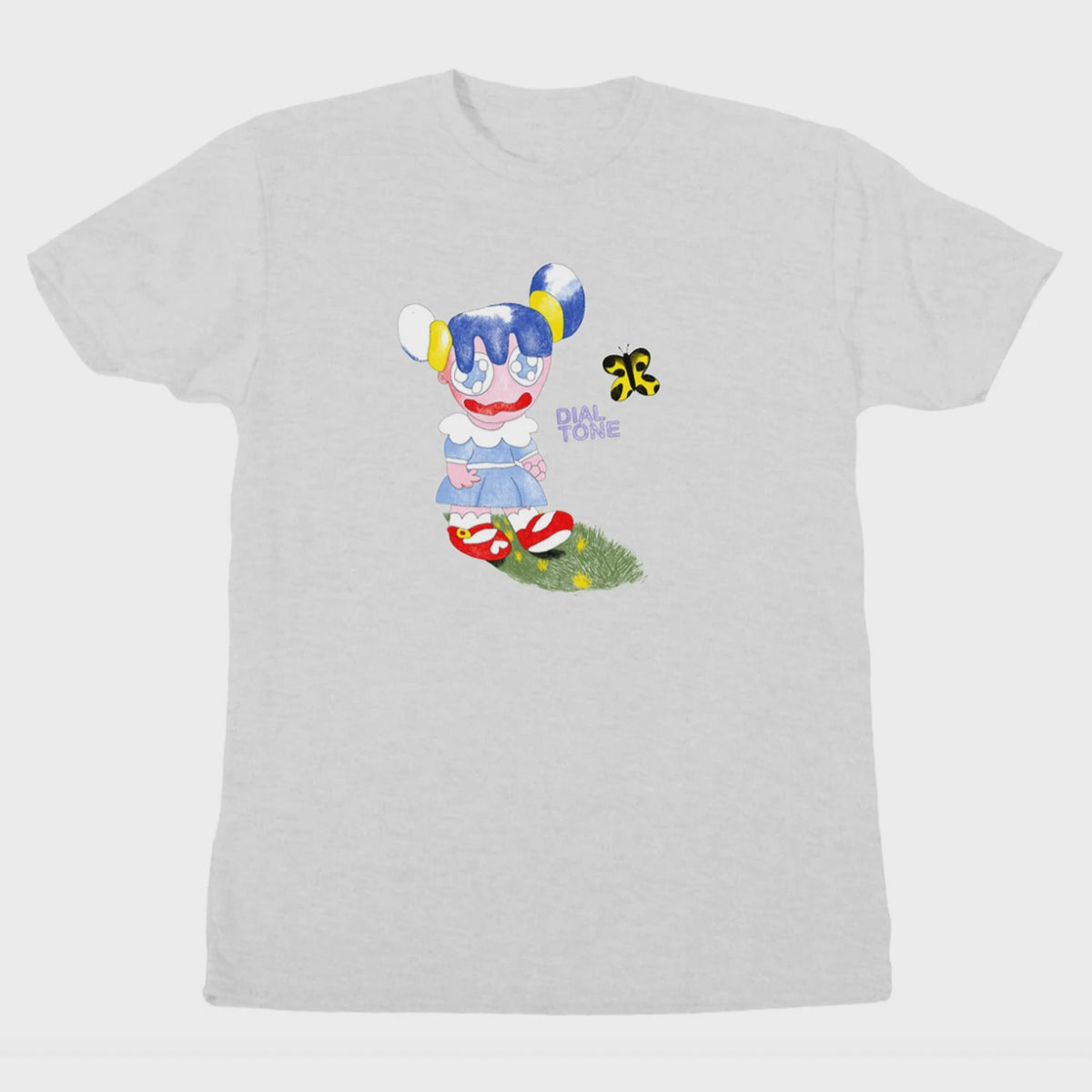 Gray t-shirt with a colorful cartoon character and 'Dial Tone' text on a white background