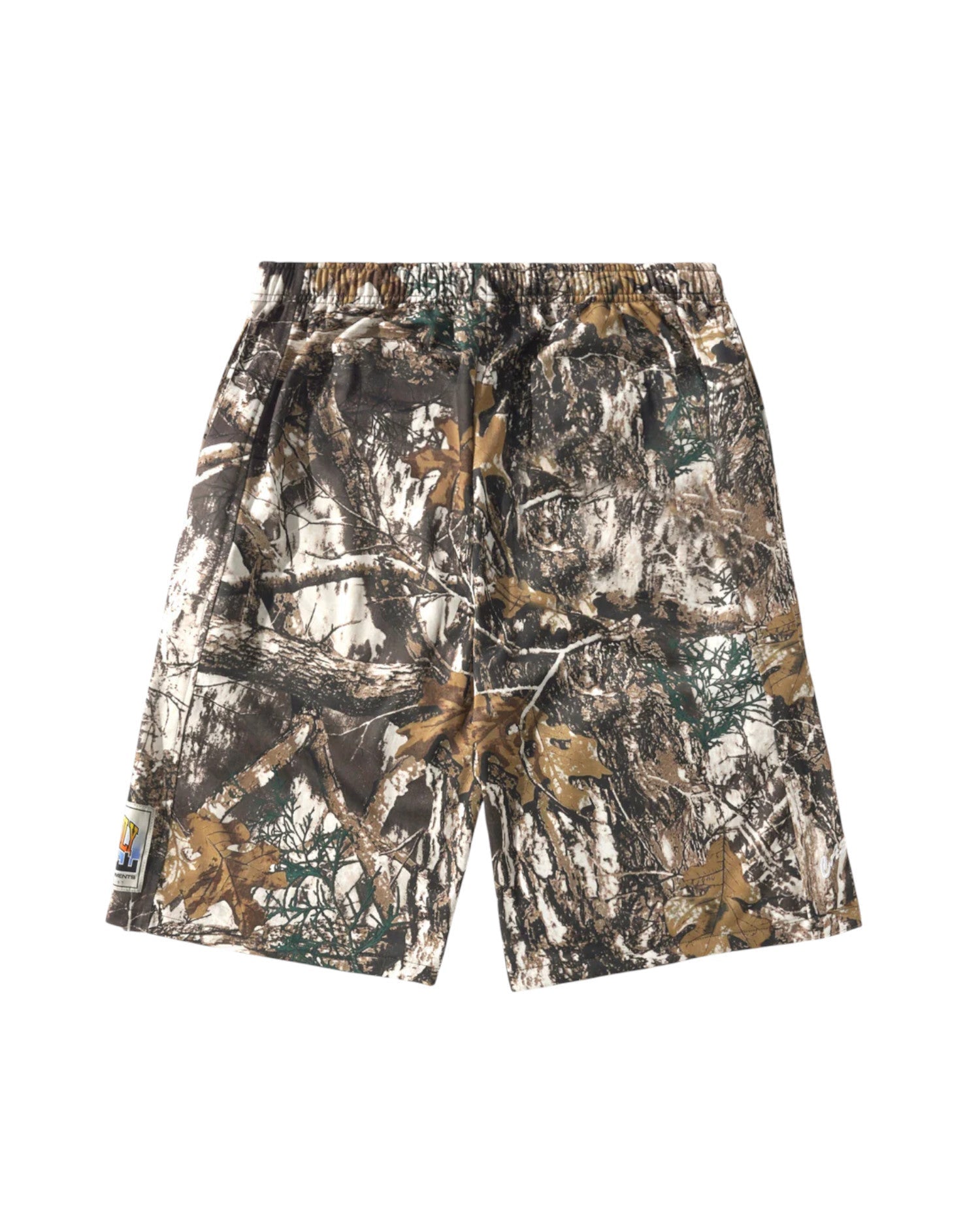 A pair of camouflage shorts featuring a realistic woodland tree branch and leaf pattern in shades of brown, beige, green, and gray, shown against a plain white background.