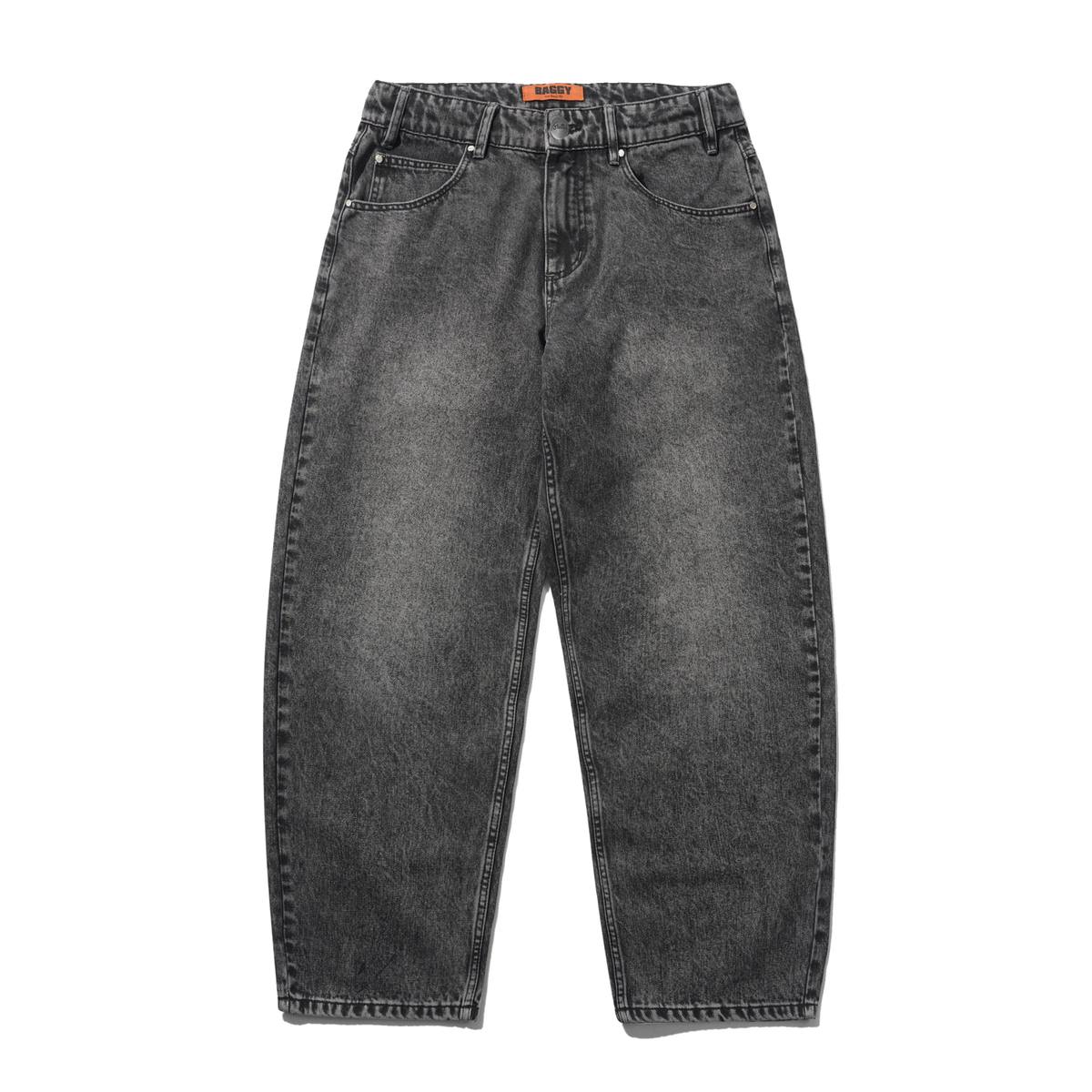 A pair of wide-leg, straight-fit jeans in a washed charcoal gray denim, shown flat against a solid white background.