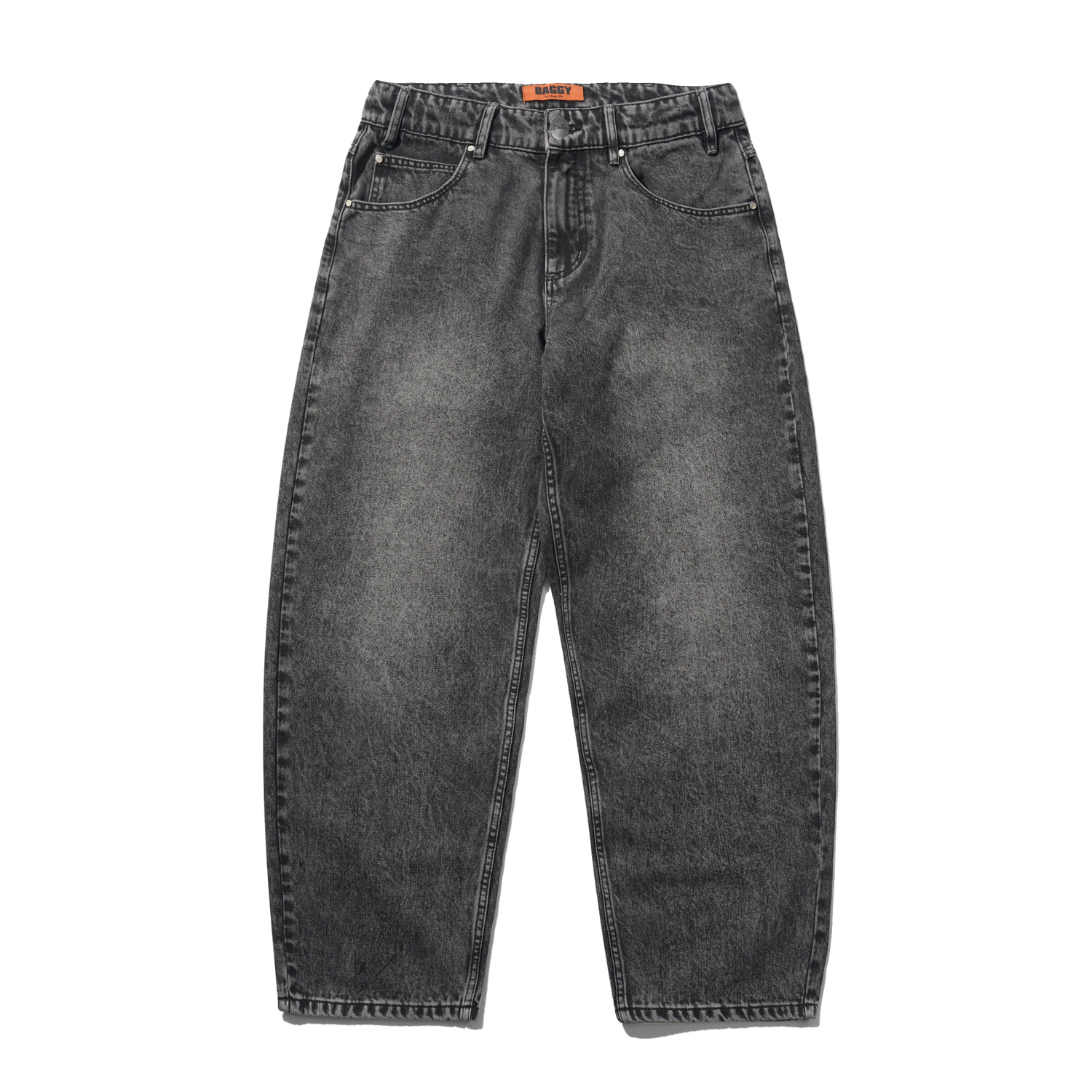 A pair of wide-leg, straight-fit jeans in a washed charcoal gray denim, shown flat against a solid white background.