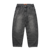 A pair of wide-leg, straight-fit jeans in a washed charcoal gray denim, shown flat against a solid white background.