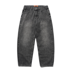 A pair of wide-leg, straight-fit jeans in a washed charcoal gray denim, shown flat against a solid white background.