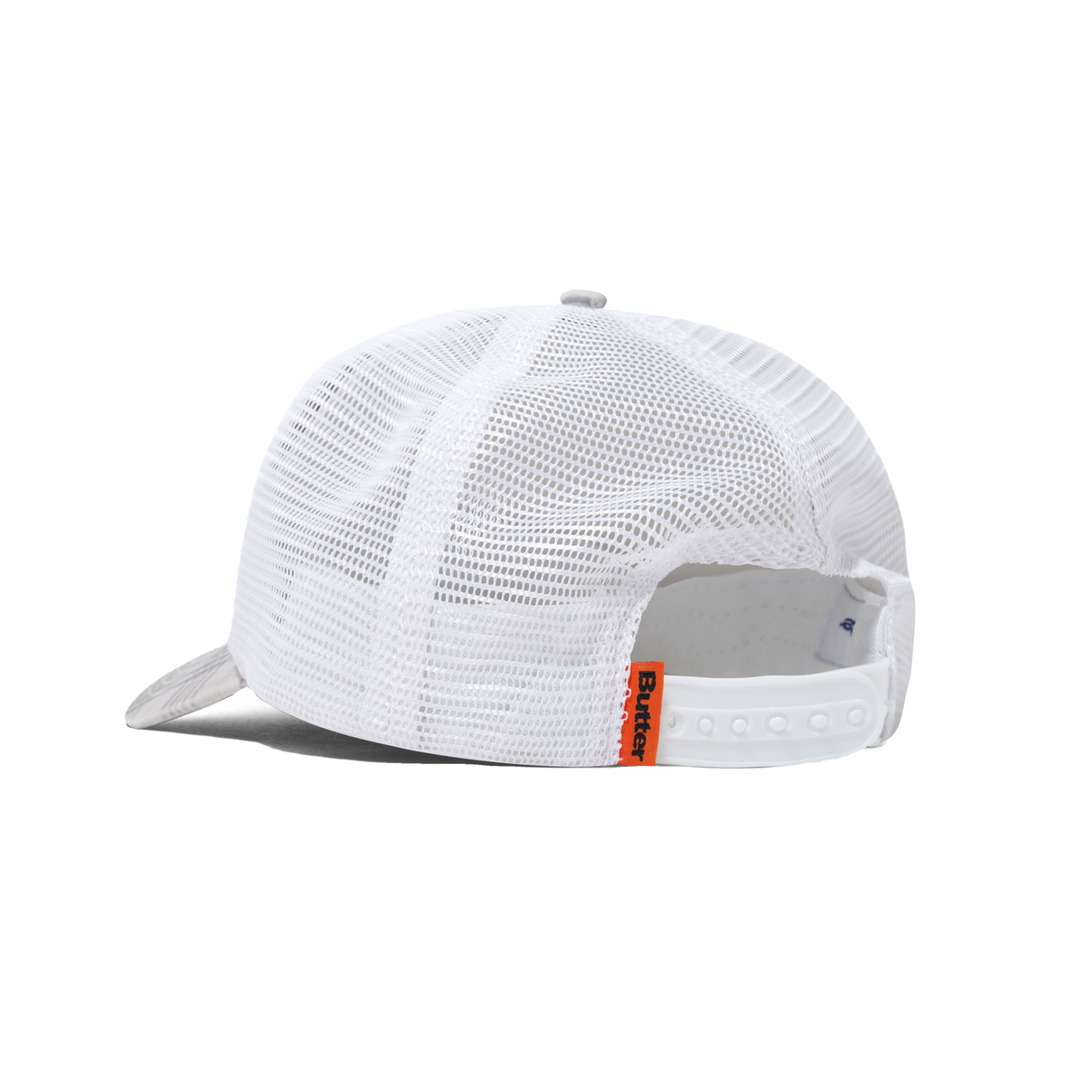White mesh cap with a brand logo on a white background