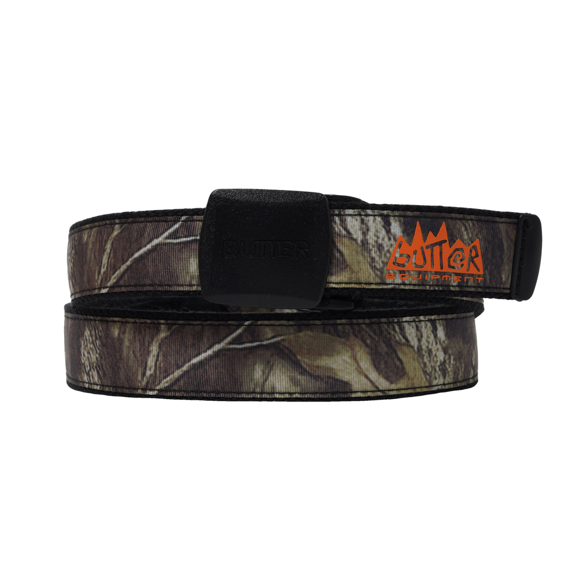 Camouflage belt with a visible brand logo on a white background