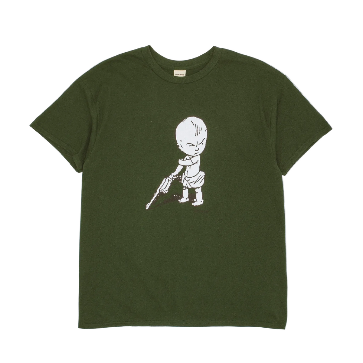 Green t-shirt with a white graphic of a baby holding a gun on a light gray background