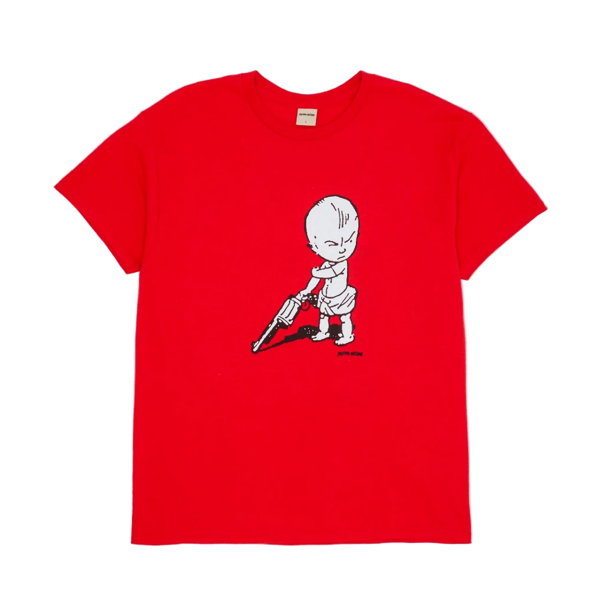 Red t-shirt with a graphic of a baby holding a gun on a light gray background