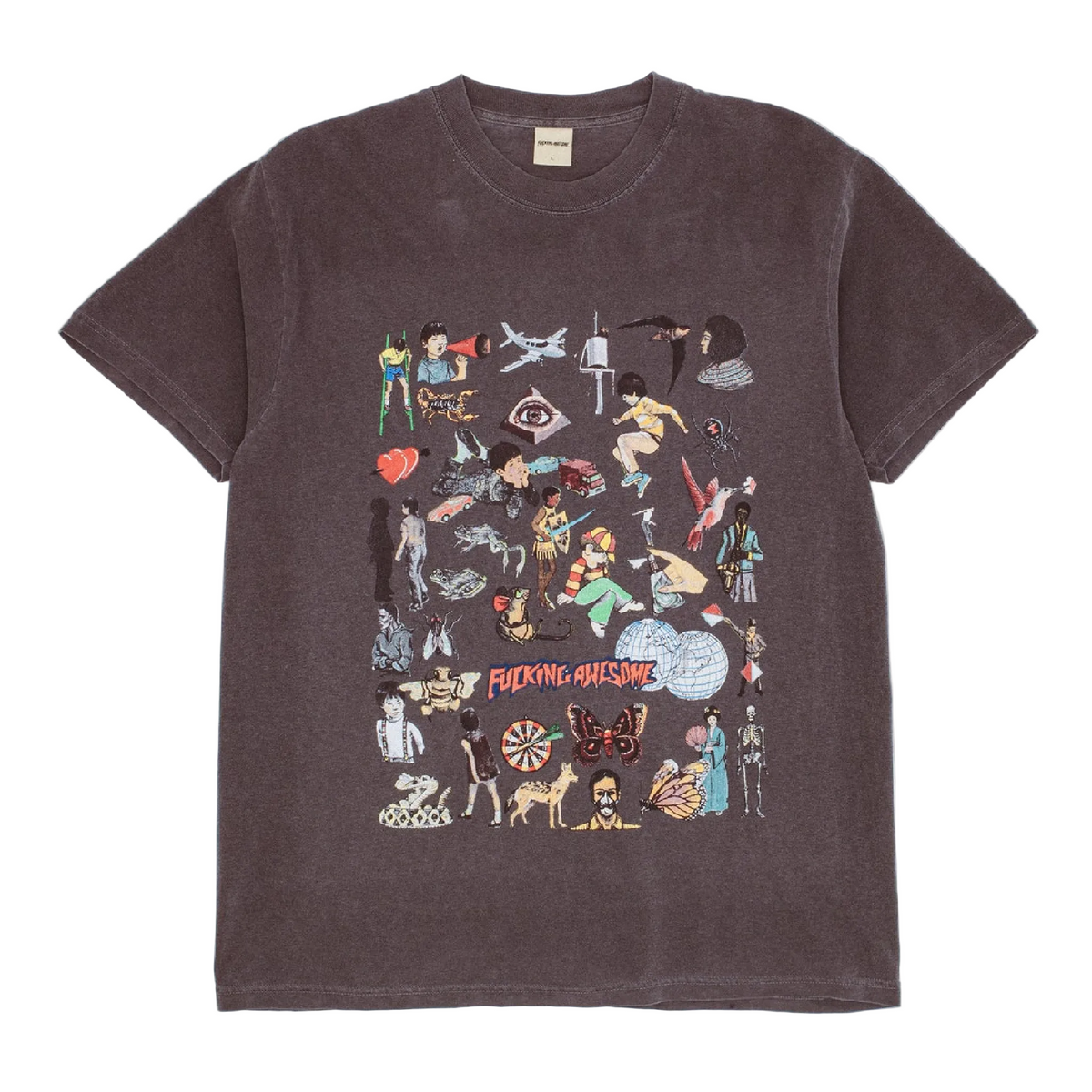 Dark gray t-shirt with colorful graphic design on a light gray background