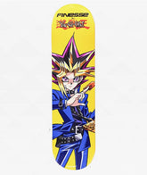 Skateboard deck with a character design and 'Finesse' branding on a yellow background