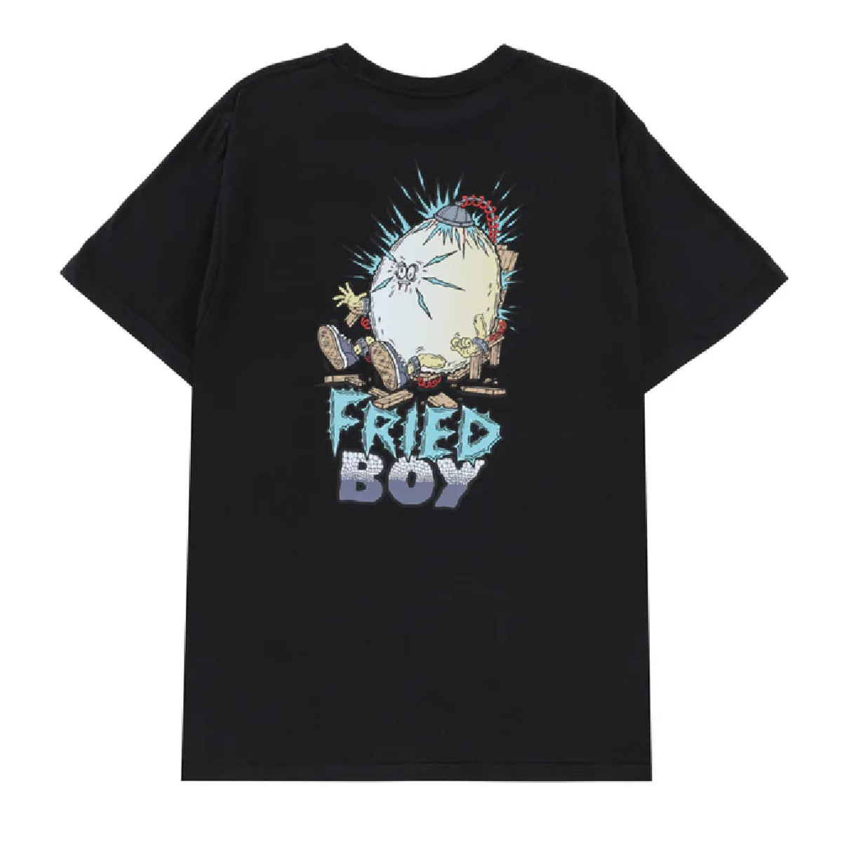 Black t-shirt with colorful graphic design and 'Fried Boy' text on a white background