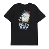Black t-shirt with colorful graphic design and 'Fried Boy' text on a white background