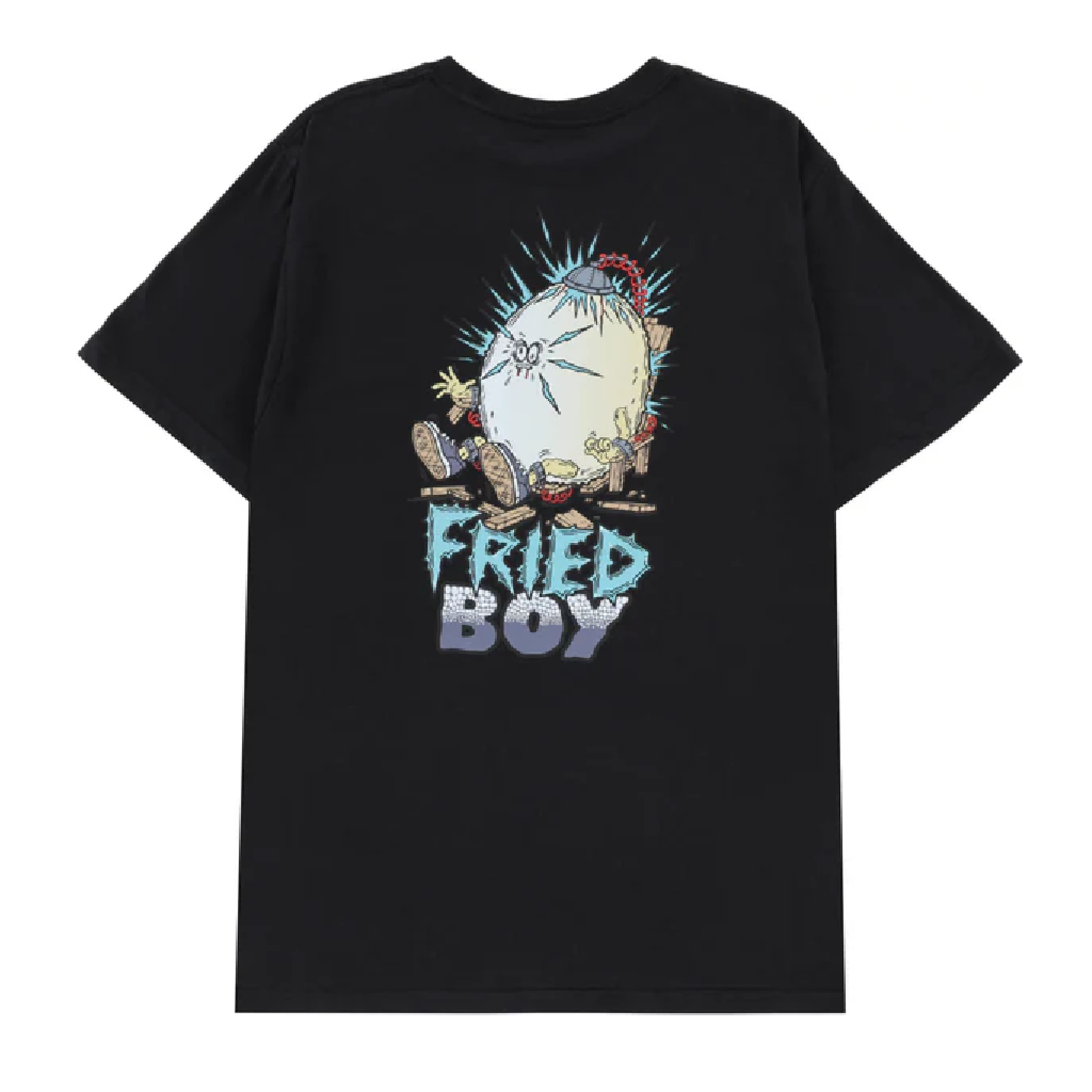 Black t-shirt with colorful graphic design and 'Fried Boy' text on a white background