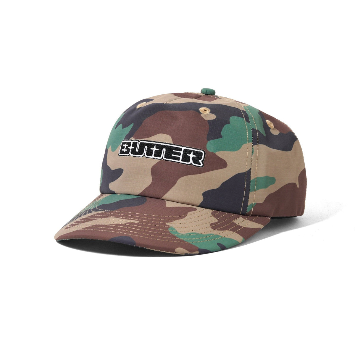 Camouflage baseball cap with a brand logo on a white background