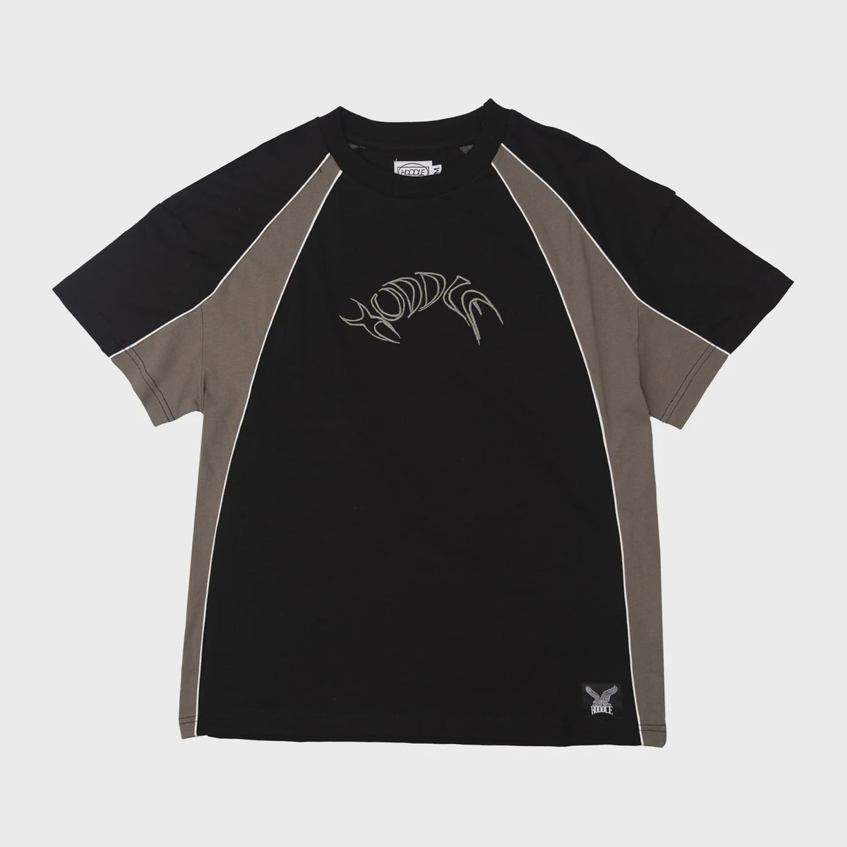 Black t-shirt with gray sleeves and logo on a white background
