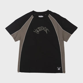 Black t-shirt with gray sleeves and logo on a white background