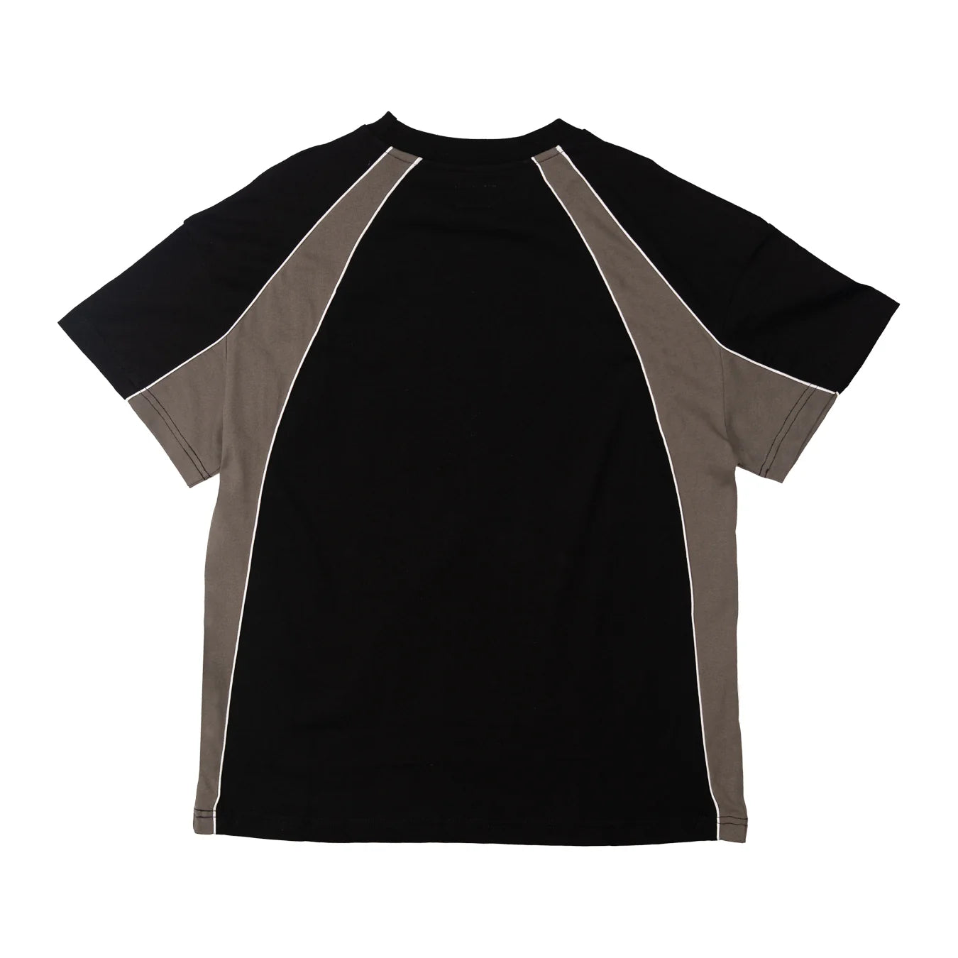 Black t-shirt with gray sleeves on a white background