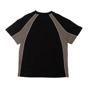 Black t-shirt with gray sleeves on a white background