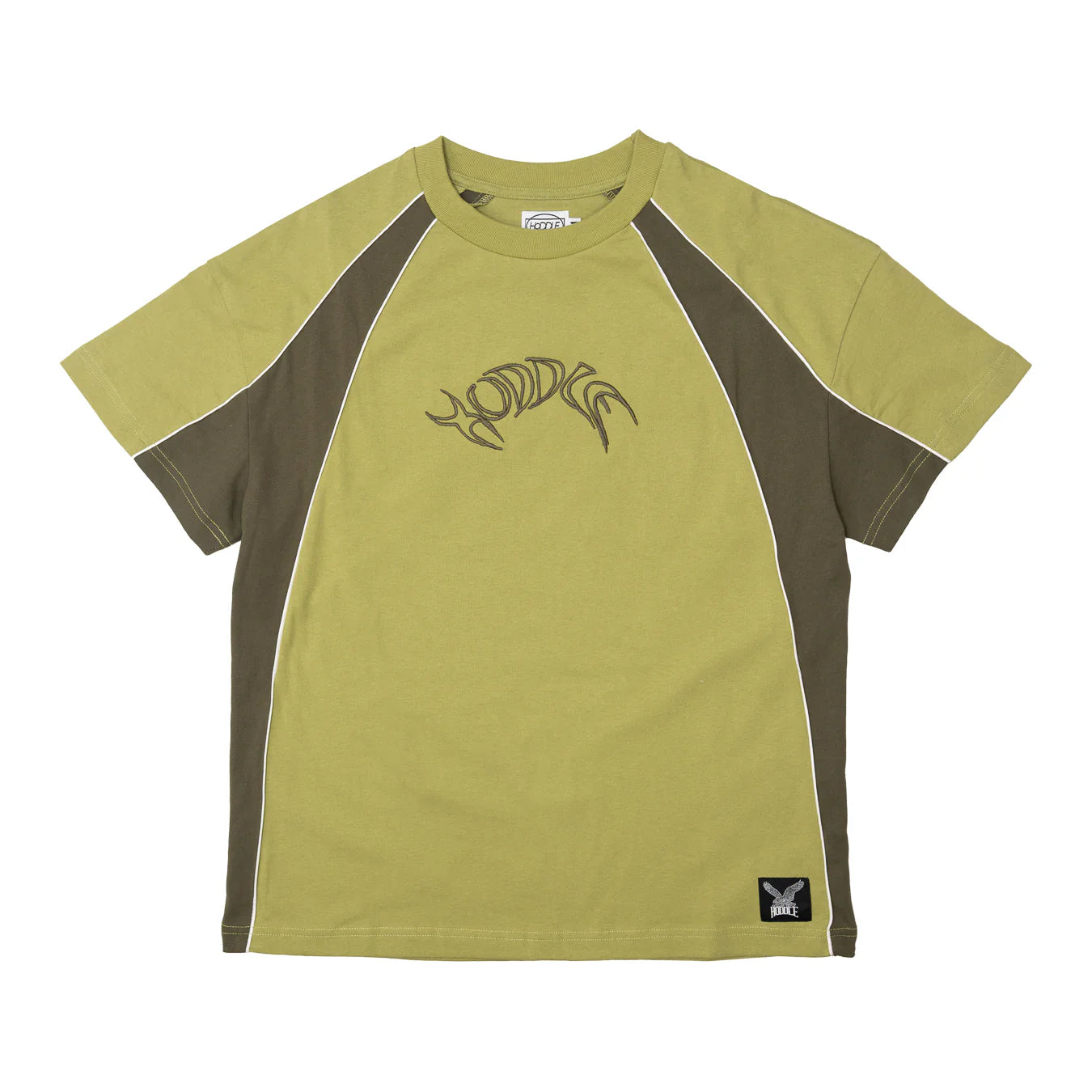 Green and brown t-shirt with a logo on a white background