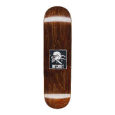 Wooden skateboard deck with a logo on a white background