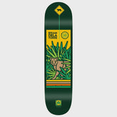 Skateboard deck with a design of a panther in the jungle and branding on a green background