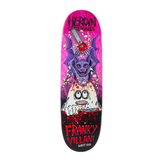 Skateboard deck with a colorful design featuring a creature and text on a pink background