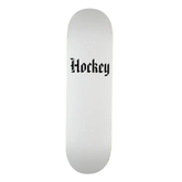 White skateboard deck with 'Hockey' logo on a white background