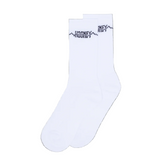 White sock with black text on a white background