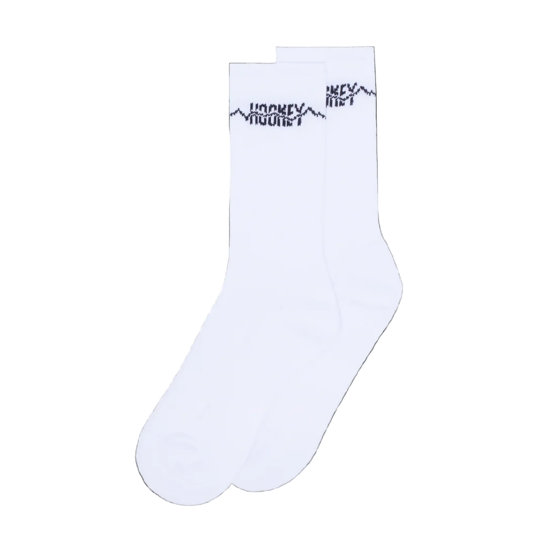 White sock with black text on a white background