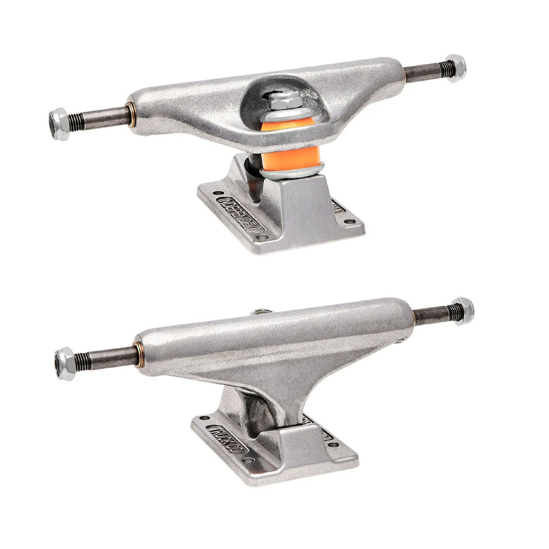 Two silver skateboard trucks on a white background