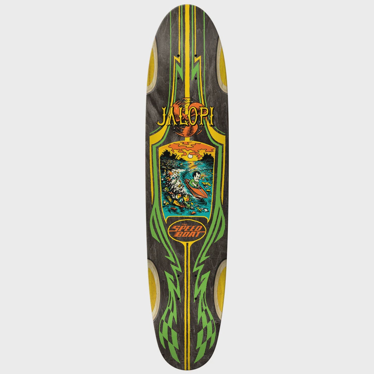 Skateboard deck with colorful design and 'Jalopi' branding on a white background